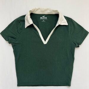 Hollister Forest Green V-Neck Top with White Collar